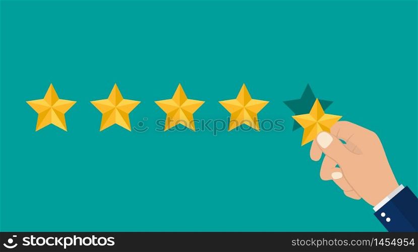 Hand puts 5 stars of rating. Reviews five stars in flat style. 5 stars in top icon. vector illustration. Hand puts 5 stars of rating. Reviews five stars in flat style. 5 stars in top icon. vector