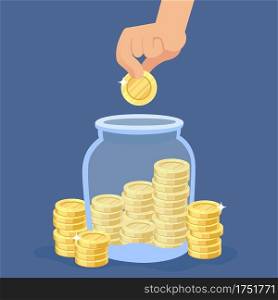Hand puts coins into the jar. Transparent bottle with stacks, saving gold coin in moneybox, banking deposit or credit, investment and profit financial concept vector flat cartoon isolated illustration. Hand puts coins into the jar. Transparent bottle with stacks, saving gold coin in moneybox, banking deposit or credit, investment and profit financial concept vector cartoon illustration