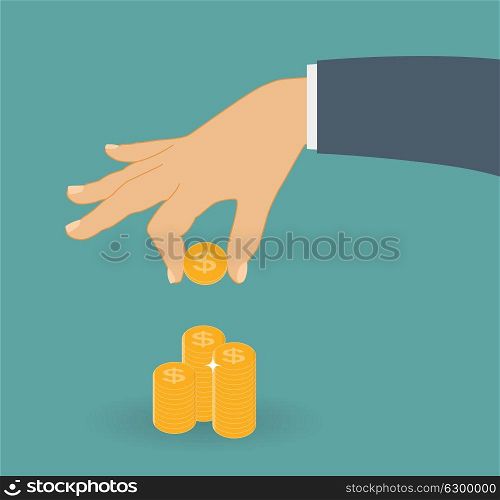 Hand Puts Gold Coin - Contribution to the Future. Vector Illustration. EPS10. Hand Puts Gold Coin - Contribution to the Future. Vector Illust