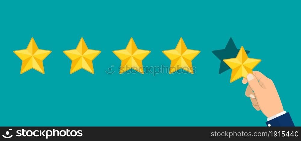 Hand puts rating. Reviews five stars. Testimonials, rating, feedback, survey, quality and review. Vector illustrayion in flat style. Hand puts rating. Reviews five stars.