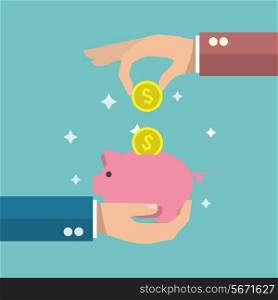 Hand putting a gold coin in funny pink piggy bank money box poster vector illustration.
