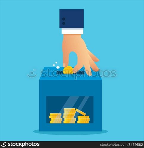 hand putting coin into a box for donations. vector illustration