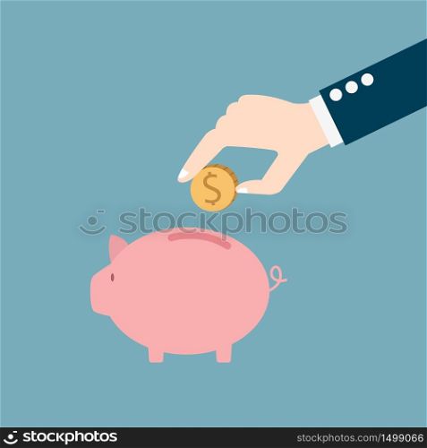 hand putting coin into a piggy bank,saving and investing money concept.vector illustration.