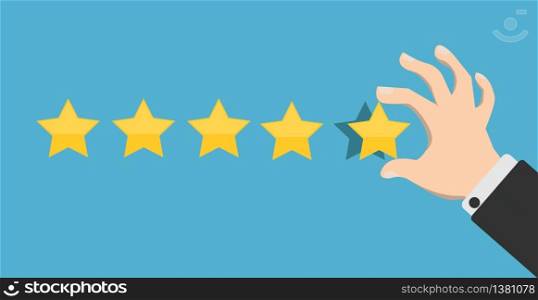 Hand putting five gold stars on blue background. Five stars quality rating icon. Feedbak stars. Hand giving five star rating. Customer review. Feedback concept. Vector stock.