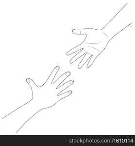 Hand reaching to each other. Helping hand. Close up body part. Love relationship teamwork together. line art, vector illustration.