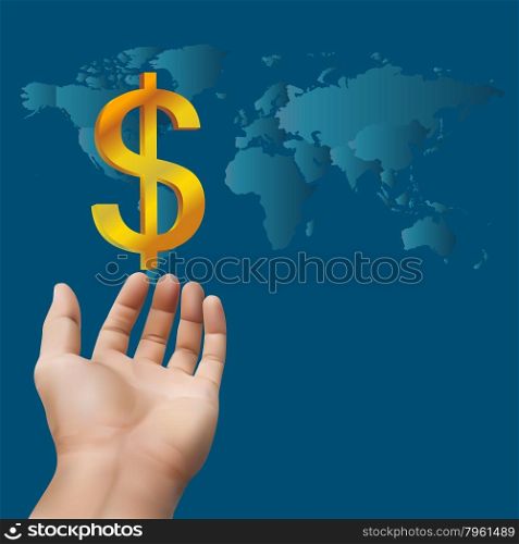 Hand receiving money or gold with world map background,concept for wealth (Elements in this image furnished by NASA.)