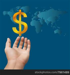 Hand receiving money or gold with world map background,concept for wealth (Elements in this image furnished by NASA.)
