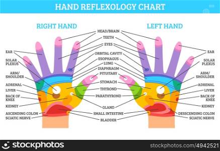 Hand Reflexology Chart. Colorful right and left hand reflexology chart with description of corresponding organs and body parts on white background flat vector illustration