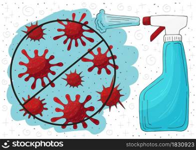 Hand sanitizer bottle. Antibacterial flask kills bacteria. Disinfectant concept. Coronavirus. Vector illustration of the problem of coronavirus