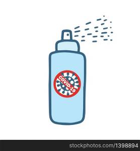 Hand sanitizer bottle with alcohol liquid insideand sign Stop Coronavirus. Covid19 for public health safety concept. Doodle vector illustration isolated on white background. Hand sanitizer bottle for people washing hands to help stop spreading outbreak Coronavirus covid19 for public health safety.