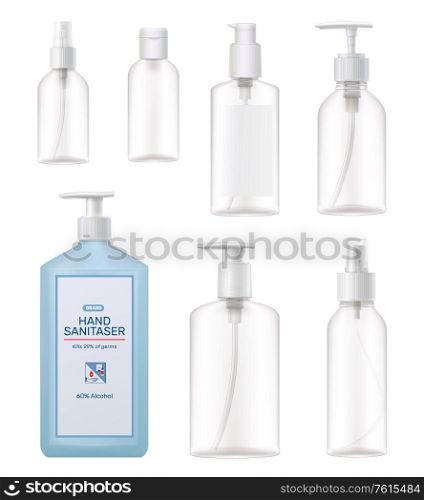 Hand sanitizer full and empty refillable various shapes sizes realistic dispenser clear pump bottles set vector illustration