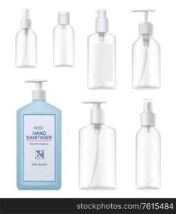 Hand sanitizer full and empty refillable various shapes sizes realistic dispenser clear pump bottles set vector illustration