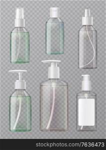 Hand sanitizer full clear acrylic press and aerosol dispenser spray bottles realistic set transparent background vector illustration
