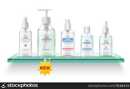 Hand sanitizer full clear plastic press and aerosol dispenser spray bottles on glass shelf realistic vector illustration