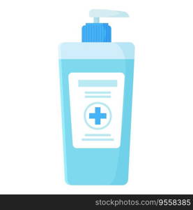 Hand sanitizer gel. Covid-19 pandemic element, sanitary,wash hands. antibacterial clean, mall prevention measures concept. Stock vector illustration in flat cartoon style isolated on white background.. Big blue bottle of hand sanitizer isolated on white