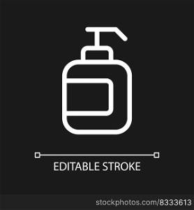 Hand sanitizer pixel perfect white linear ui icon for dark theme. Disinfectant. Pump bottle. Vector line pictogram. Isolated user interface symbol for night mode. Editable stroke. Arial font used. Hand sanitizer pixel perfect white linear ui icon for dark theme