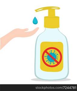 Hand sanitizers kill most bacteria, fungi and stop some viruses such as coronavirus. Hygiene product. Covid-19 spread prevention. Vector illustration.. Hand sanitizers kill most bacteria, fungi and stop some viruses such as coronavirus. Hygiene product. Covid-19 spread prevention. Vector illustration