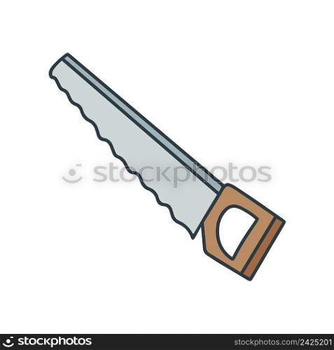 Hand saw doodle style vector illustration. Construction tool for sawing wood isolated object. Travel equipment. Hand saw doodle style vector illustration