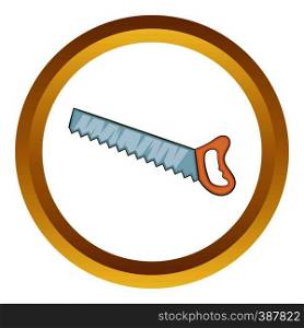 Hand saw vector icon in golden circle, cartoon style isolated on white background. Hand saw vector icon