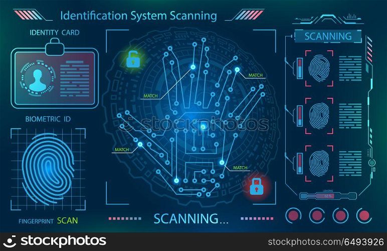 Hand Scan, Handprint (Imprint), Finger Print in Technological Theme, Futuristic Style. Hand Scan, Handprint (Imprint), Finger Print in Technological Theme, Futuristic Style, HUD Elements - Illustration Vector
