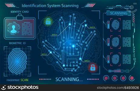 Hand Scan, Handprint (Imprint), Finger Print in Technological Theme, Futuristic Style. Hand Scan, Handprint (Imprint), Finger Print in Technological Theme, Futuristic Style, HUD Elements - Illustration Vector