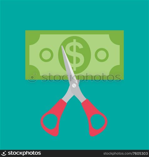 Hand scissors cutting money. Sale concept. Vector Illustration EPS10. Hand scissors cutting money. Sale concept. Vector Illustration