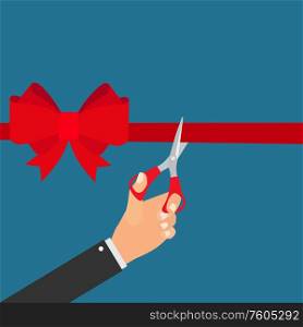 Hand scissors cutting red ribbon. Grand opening concept. Vector Illustration EPS10. Hand scissors cutting red ribbon. Grand opening concept. Vector Illustration