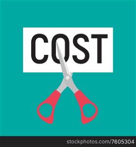 Hand scissors cutting word COST. Sale concept. Vector Illustration EPS10. Hand scissors cutting word COST. Sale concept. Vector Illustration