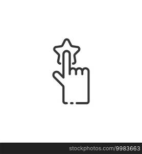 Hand selecting favorite thin line icon. Rating concept. Finger pressing the star. Isolated outline commerce vector illustration