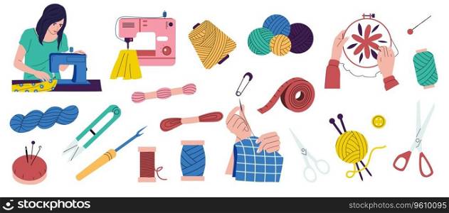 Hand sewing. Needlework tools with handmade embroidery, colorful equipment with yarn and fabric, flat colorful needlework collection. Vector set of handmade needlework illustration. Hand sewing. Needlework tools with handmade embroidery, colorful equipment with yarn and fabric, flat colorful needlework collection. Vector set