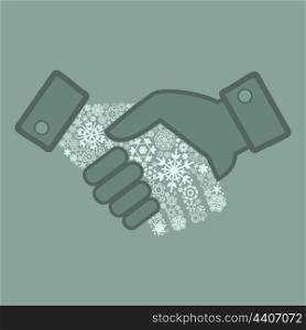 Hand shake made of snowflakes. A vector illustration
