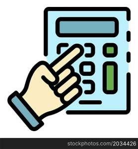Hand show on calculator icon. Outline hand show on calculator vector icon color flat isolated. Hand show on calculator icon color outline vector