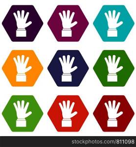 Hand showing five fingers icon set many color hexahedron isolated on white vector illustration. Hand showing five fingers icon set color hexahedron