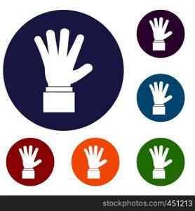 Hand showing five fingers icons set in flat circle reb, blue and green color for web. Hand showing five fingers icons set
