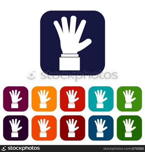 Hand showing five fingers icons set vector illustration in flat style In colors red, blue, green and other. Hand showing five fingers icons set