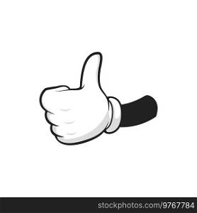 Hand showing like, thumb up gesture isolated cartoon hand in glove. Vector sign of approval, agreement or acceptance symbol. Okay, yes or good, positive satisfaction hand gesture, arm in glove. Thumb up hand gesture ok isolated yes agree sign