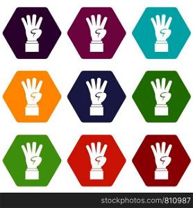 Hand showing number four icon set many color hexahedron isolated on white vector illustration. Hand showing number four icon set color hexahedron