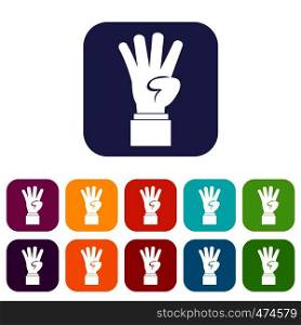 Hand showing number four icons set vector illustration in flat style In colors red, blue, green and other. Hand showing number four icons set
