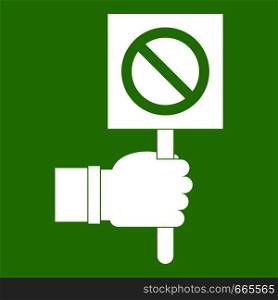 Hand showing stop signboard icon white isolated on green background. Vector illustration. Hand showing stop signboard icon green