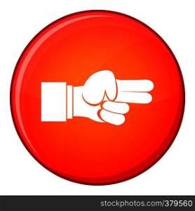 Hand showing two fingers icon in red circle isolated on white background vector illustration. Hand showing two fingers icon, flat style