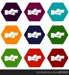 Hand showing two fingers icon set many color hexahedron isolated on white vector illustration. Hand showing two fingers icon set color hexahedron