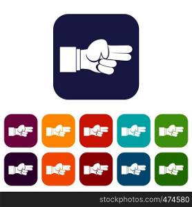 Hand showing two fingers icons set vector illustration in flat style In colors red, blue, green and other. Hand showing two fingers icons set