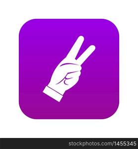 Hand showing victory sign icon digital purple for any design isolated on white vector illustration. Hand showing victory sign icon digital purple