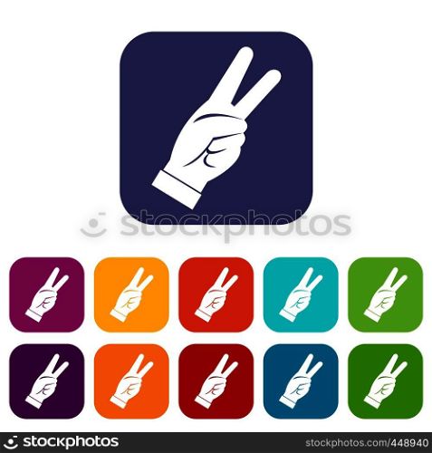 Hand showing victory sign icons set vector illustration in flat style In colors red, blue, green and other. Hand showing victory sign icons set flat