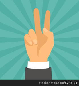 Hand shows victory sign in flat design style.