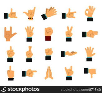 Hand sign icon set. Flat set of hand sign vector icons for web design isolated on white background. Hand sign icon set, flat style
