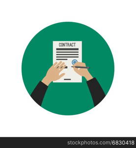 Hand signing contract.. Hand holding pencil and signing contract. Vector flat illustration.