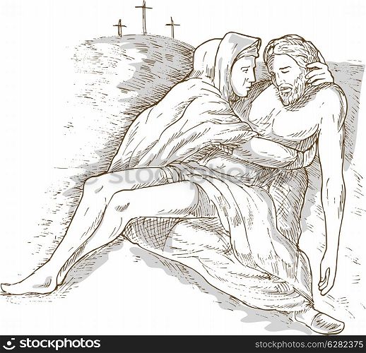 hand sketch drawing illustration of Mother Mary and the dead Jesus Christ with the cross of Calvary in the background isolated on white with gray wash. Mother Mary and the dead Jesus Christ with the cross of calvary