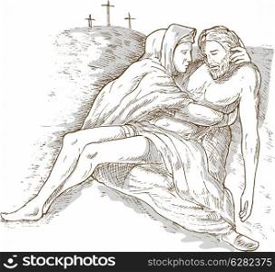 hand sketch drawing illustration of Mother Mary and the dead Jesus Christ with the cross of Calvary in the background isolated on white with gray wash. Mother Mary and the dead Jesus Christ with the cross of calvary
