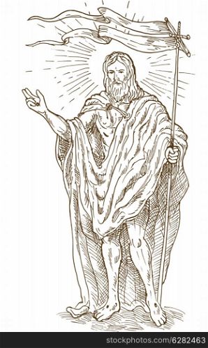 hand sketch drawing illustration of the The Risen or Resurrected Jesus Christ standing with flag. Resurrected Jesus Christ standing with flag